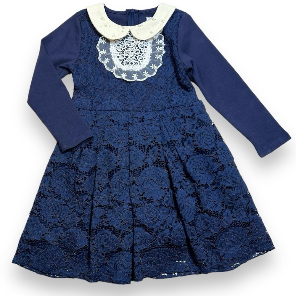 Trish Scully Girls 4/4T Lace Peter Pan Collar Dress Navy Blue Boutique Pearl
